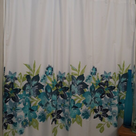 Cynthia Rowley Blue & Green Floral Border Fabric Shower Curtain - Picture 1 of 8